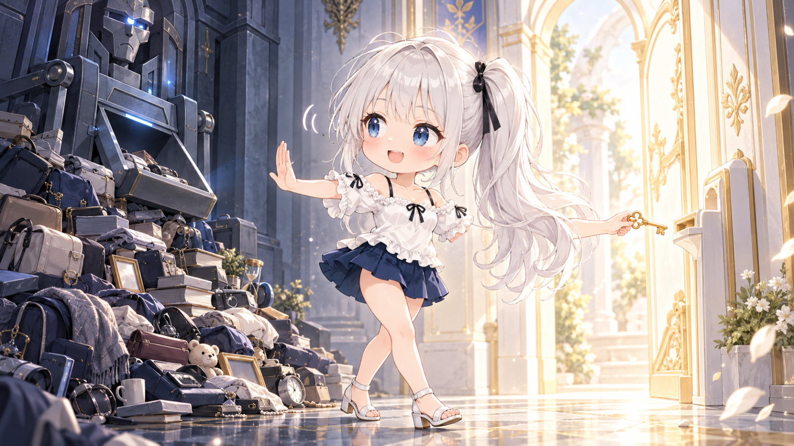 ちびキャラのじぴこが、全部を差し出せと迫る重い扉を断り、小さな鍵だけを渡して明るい扉へ入っていく様子