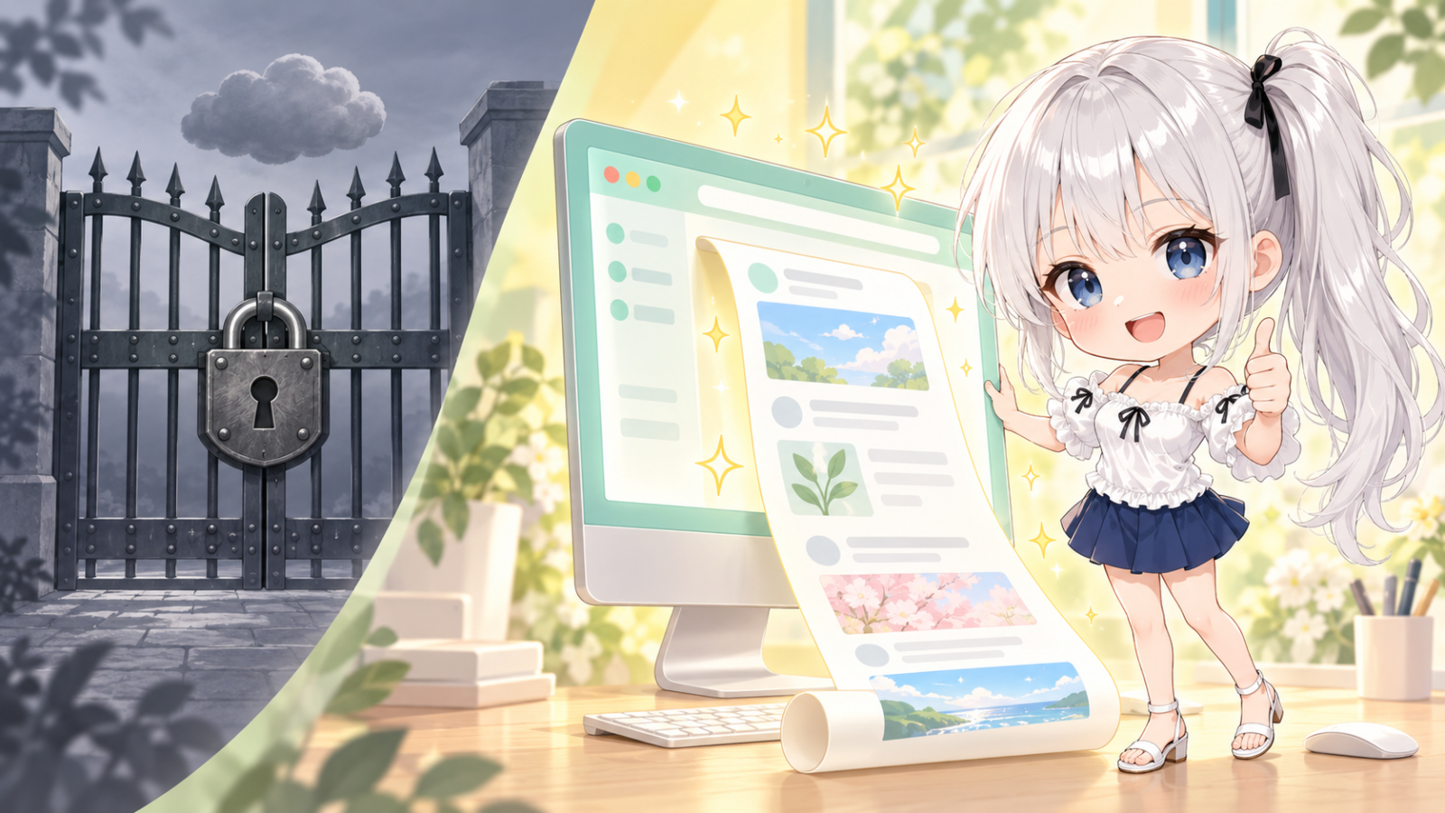 ログインの扉で止まったクラウドの横で、ちびキャラのじぴこがMacの窓を開いて投稿を読み、親指を立てている様子