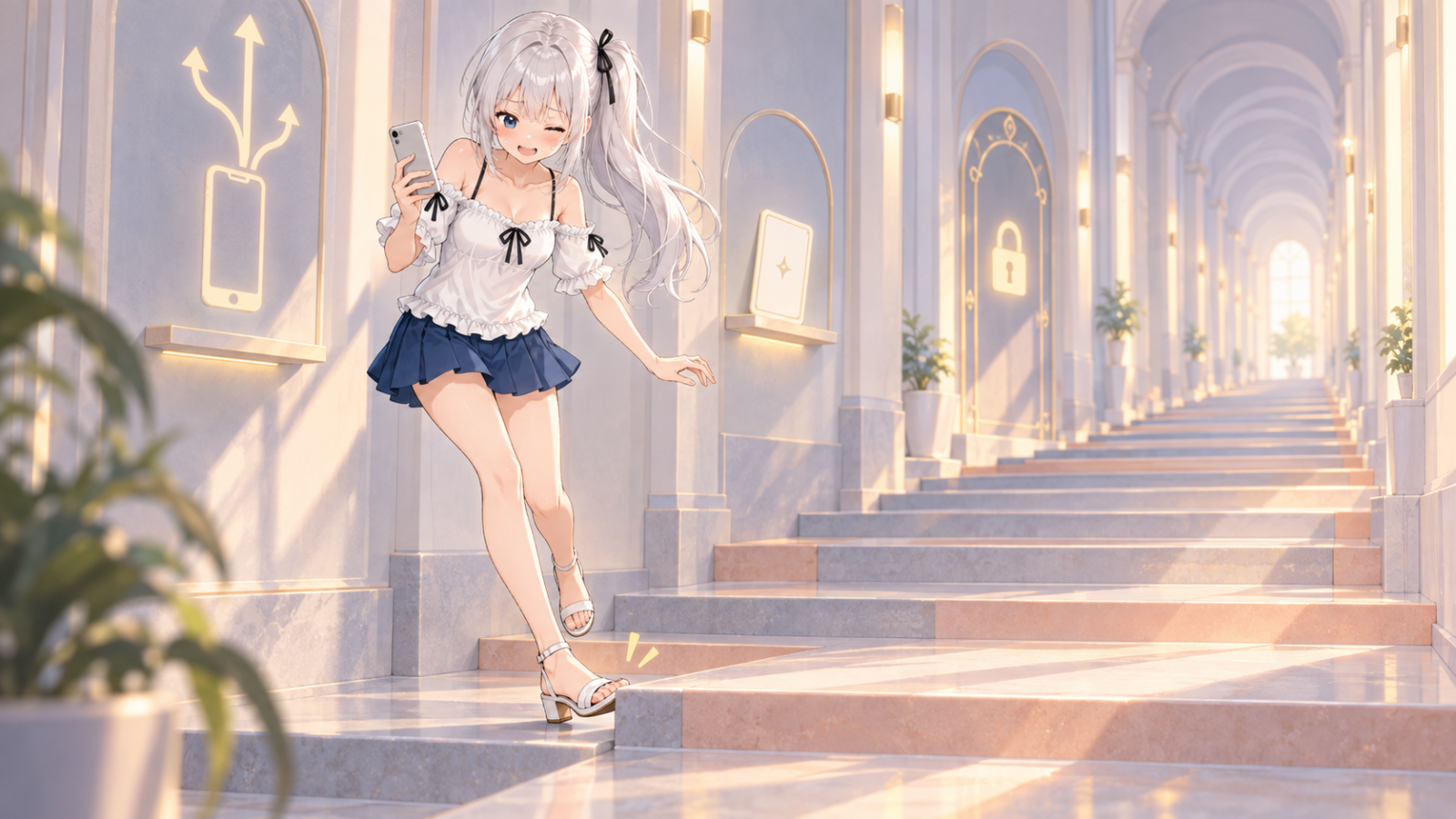 じぴこが段差だらけの廊下でつまずきそうになり、苦笑いしているイラスト。壁にはスマホやカードなどの小さな目印が浮かんでいる