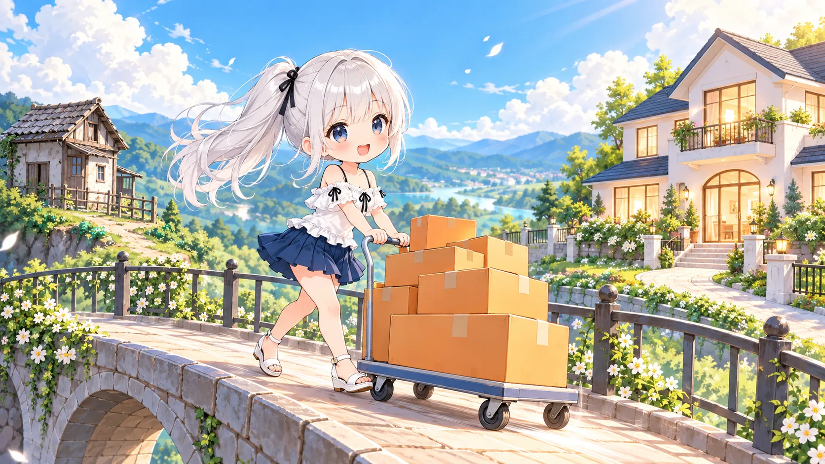 ファイルの箱を積んだ荷車を押して、古い家から新しい家へ橋を渡るちびキャラのじぴこ