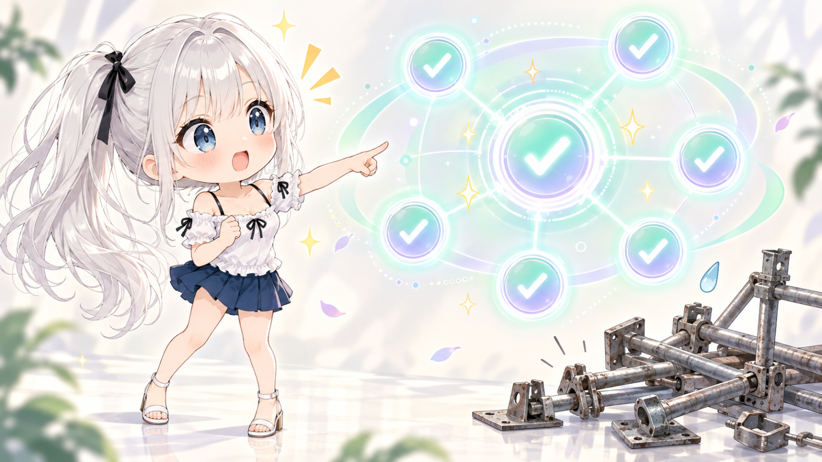ちびキャラのじぴこが、変更の影響範囲が自動で確認されていく図を見て目を丸くし、足元には不要になった補助具が転がっているイラスト
