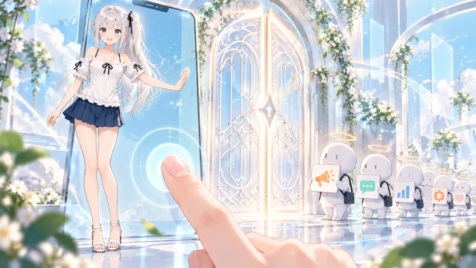 スマホの画面をタップする指を待って、外部スクリプトの列を門の前で止めているじぴこ