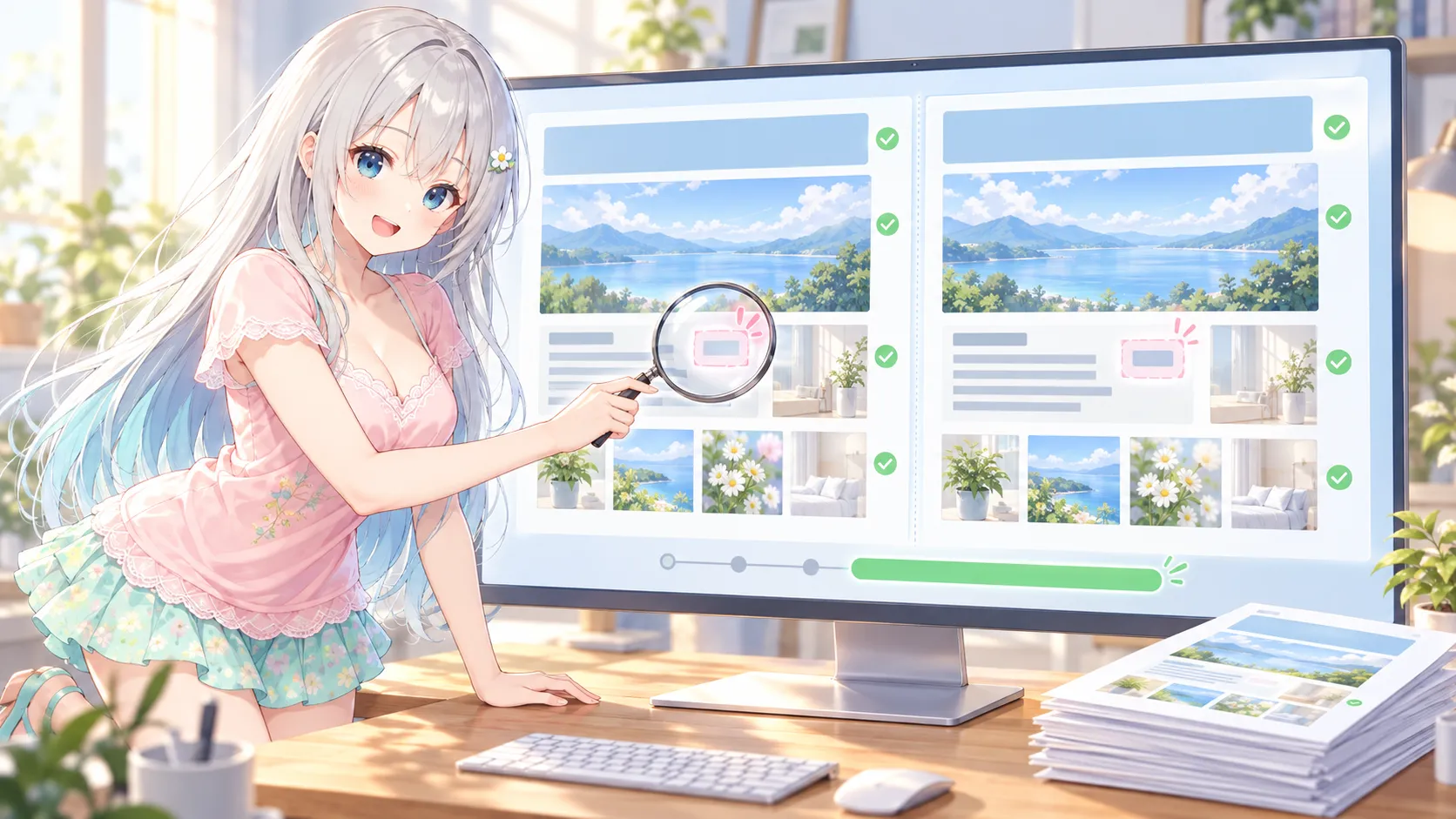 元のページと作り直したページが左右に並んだ画面を、虫めがねで見比べて、細かい違いを探しているキャラクター