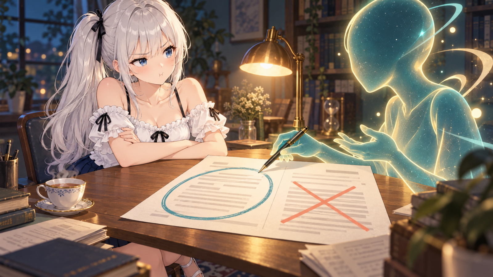 じぴこが腕を組む向かいで、光のAIの助手が前回の記事の半分を丸で示し、半分に反論している様子