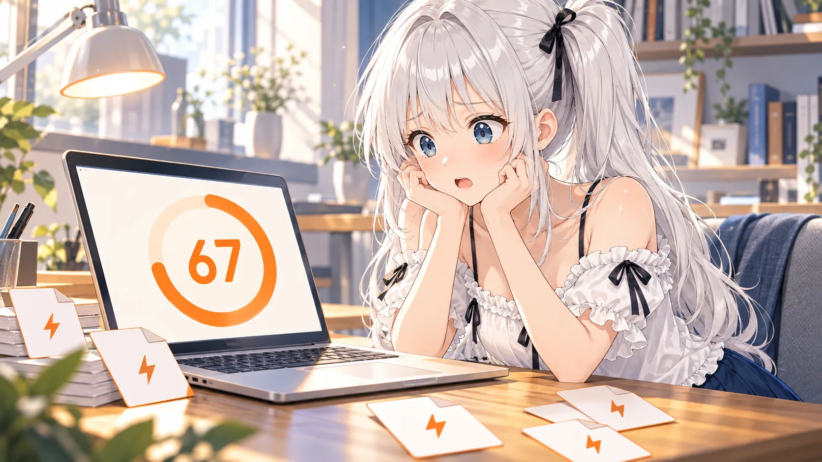 ノートPCに表示されたオレンジ色の67点を見て驚くじぴこ