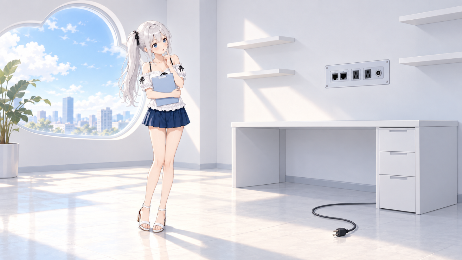何も置かれていない広い事務所で、空のフォルダを持ったじぴこが首をかしげている様子