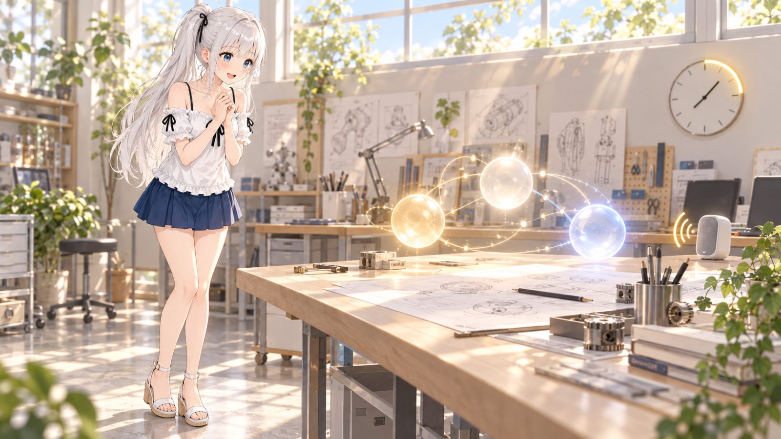 じぴこが、小さな光の助手たちが机を囲んで会話するように作業する様子を、感心した笑顔で眺めているイラスト